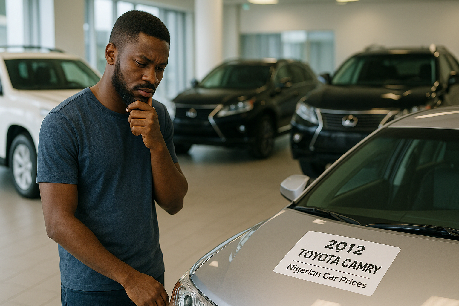 Nigerian man contemplating the high Tokunbo car prices in Nigeria while looking at a 2010 Toyota Camry in a dealership.