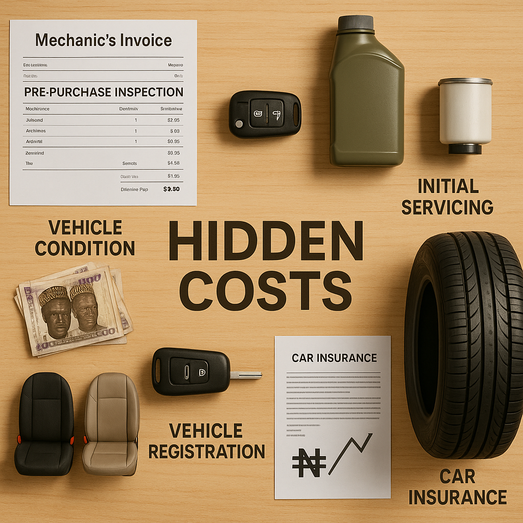 image displaying the hidden costs of buying a Tokunbo car in Nigeria, including inspection fees, servicing, tyres, and registration.