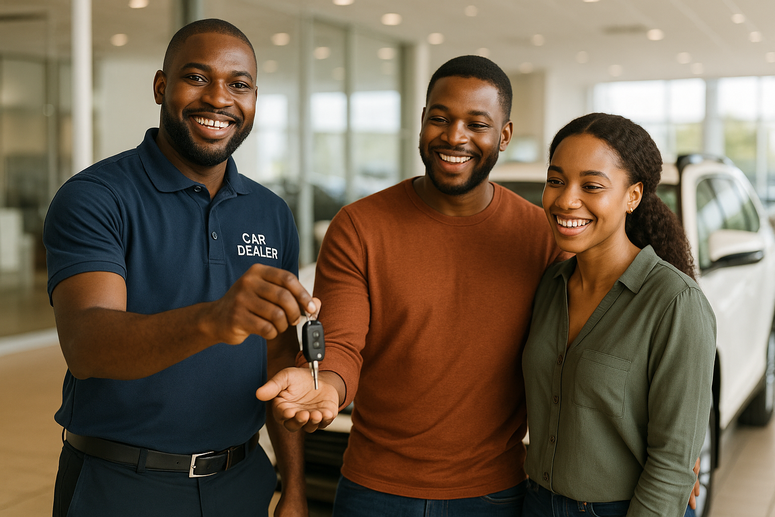 A happy couple receiving keys from a trusted car dealer in Abuja, highlighting the importance of choosing reputable Tokunbo car dealers in Nigeria.