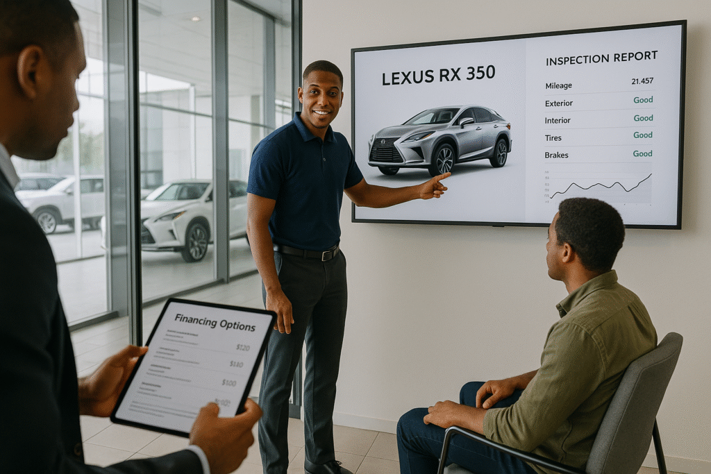 A modern, tech-enabled car dealership in Abuja using technology like tablets and touchscreens to sell trusted Tokunbo cars