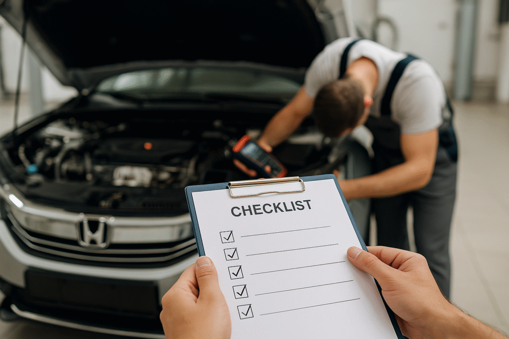 A car buyer uses a dealer vetting checklist while a mechanic inspects a Tokunbo car, a key step for finding reputable car dealers in Abuja.