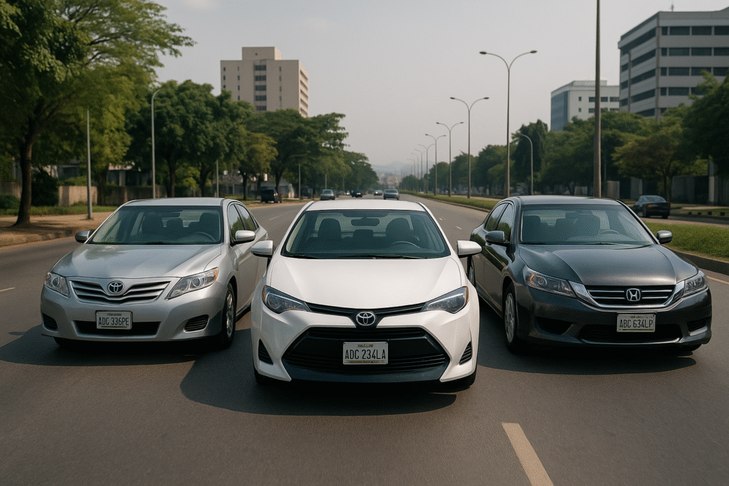 The most reliable sedan cars in Nigeria, a Toyota Camry, Toyota Corolla, and Honda Accord, shown on a street in Abuja.