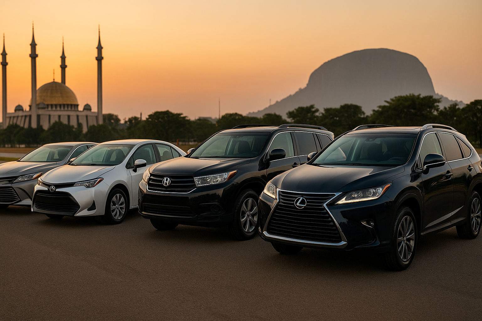 A lineup of the 5 most popular Tokunbo cars in Nigeria, including Toyota Camry and Highlander, parked with an iconic Abuja landmark in the background.