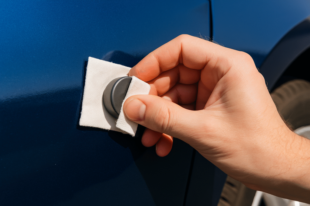 A close-up of the magnet test being used on a car's body panel to check for hidden accident damage, a key step in a vehicle inspection in Nigeria