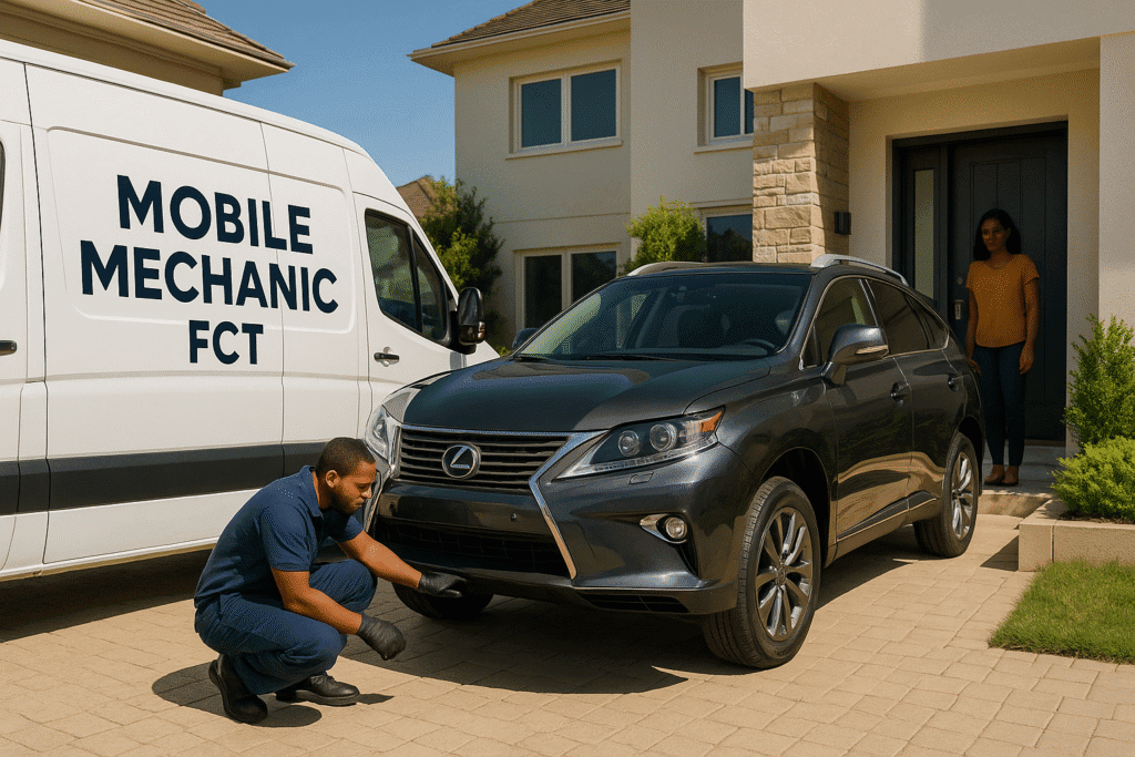 A mobile mechanic providing a convenient pre-purchase car inspection service at a customer's home in Abuja.
