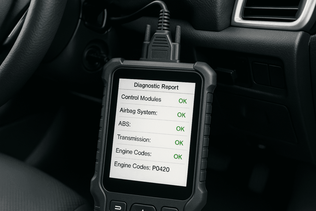 An OBD-II scanner performing a full electronic diagnosis on a car, a key part of a comprehensive vehicle inspection in Abuja.