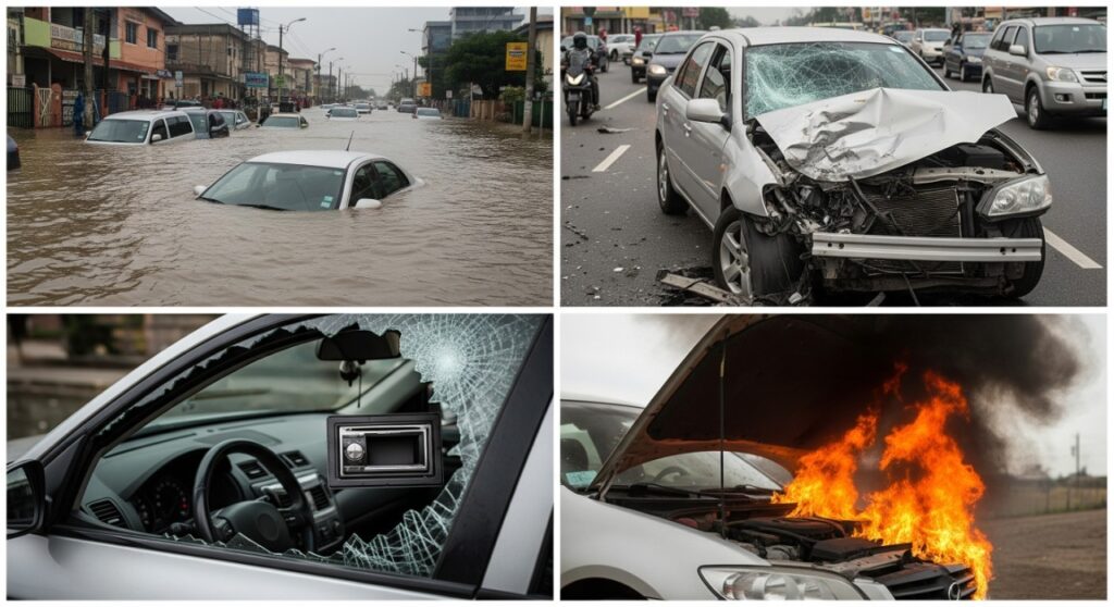 A collage of risks for Nigerian drivers, including floods, accidents, theft, and fire, highlighting the need for comprehensive car insurance.