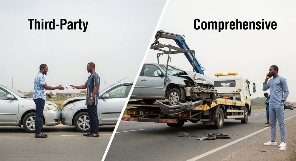 A comparison image showing the difference between Third-Party and Comprehensive car insurance coverage for drivers in Nigeria after an accident