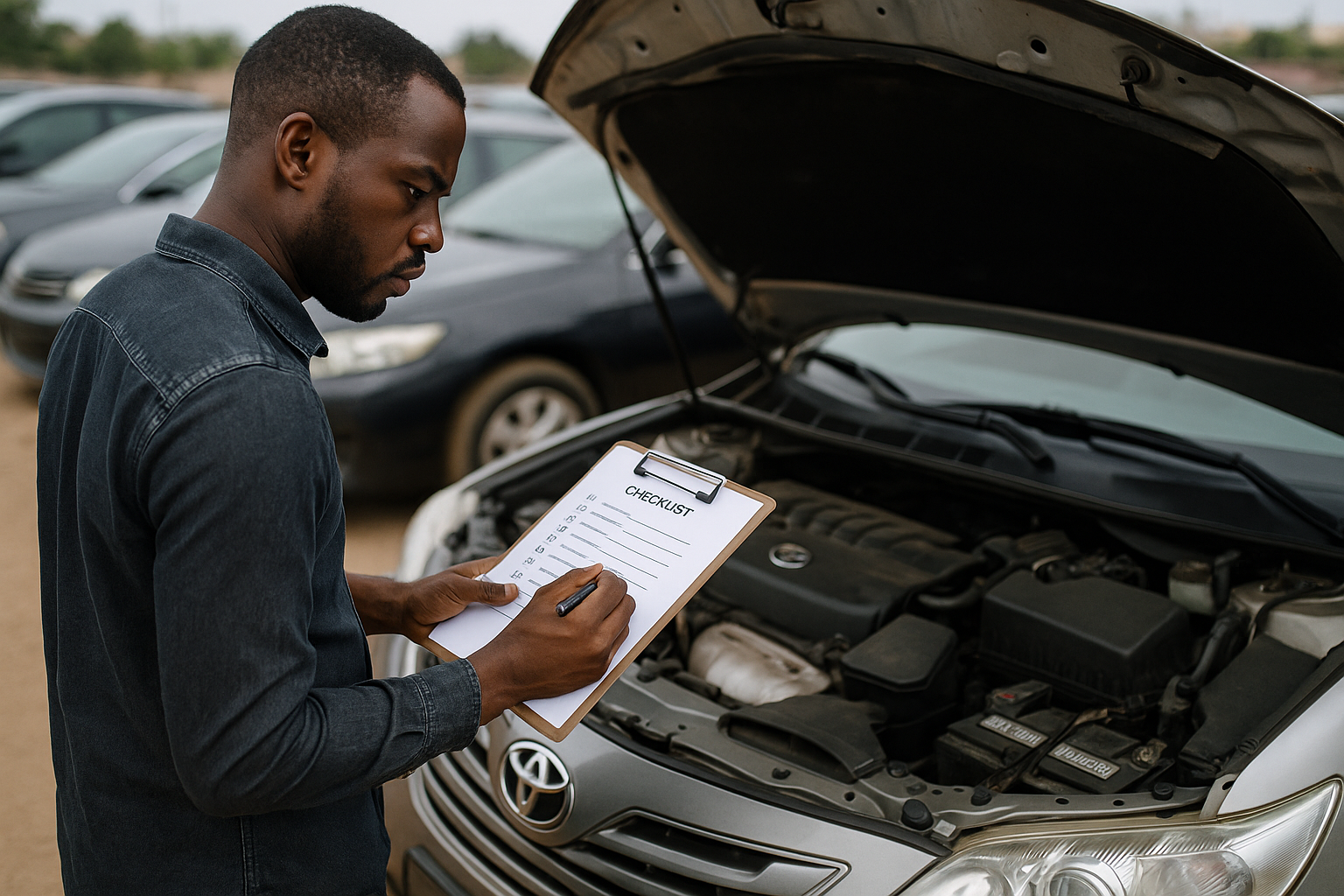A Nigerian man using a detailed tokunbo car inspection checklist to examine a used car's engine before buying it in Nigeria.