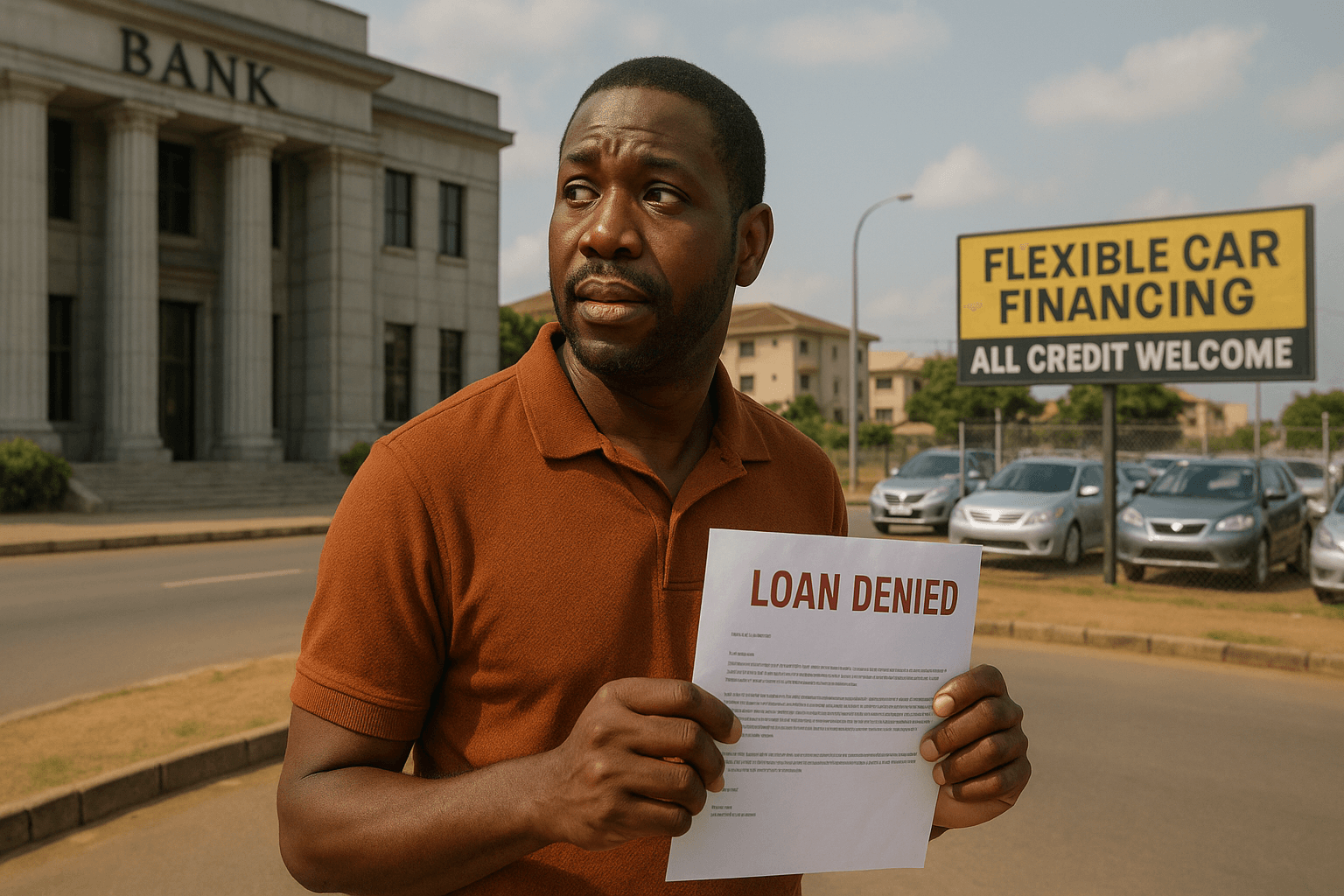 A man who was denied a bank loan finds hope in a 'buy here pay here' dealership in Abuja, an option for those seeking a bad credit car loan.