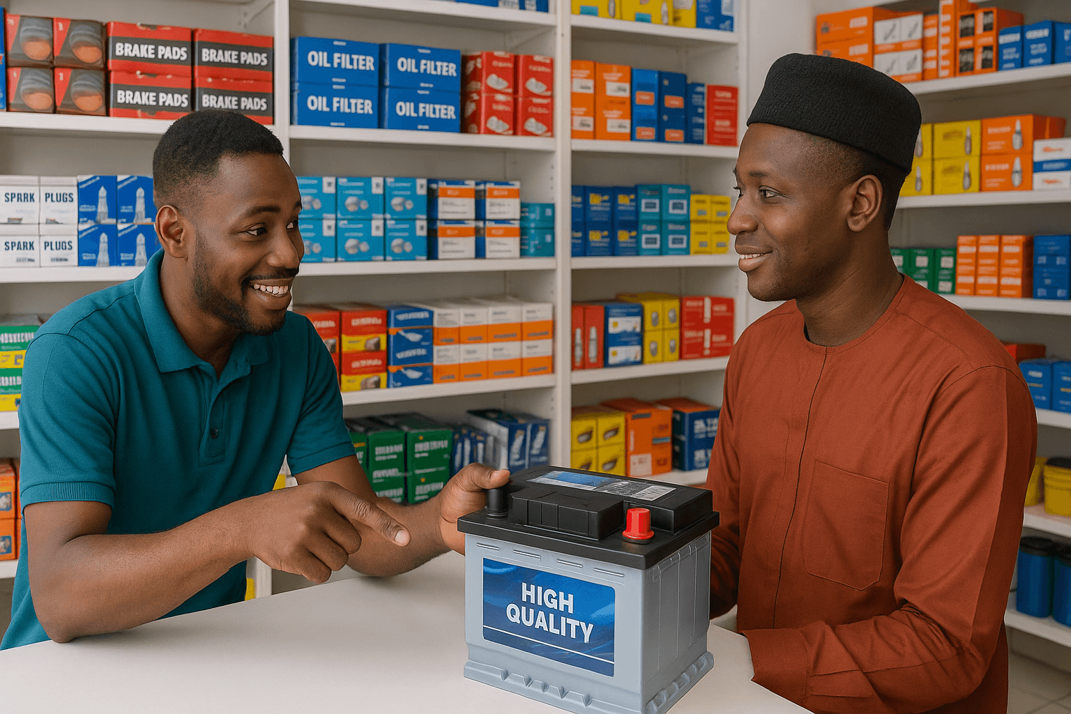 A professional auto parts store in Nigeria, showcasing a reliable place to buy original car parts, engine oil, and accessories