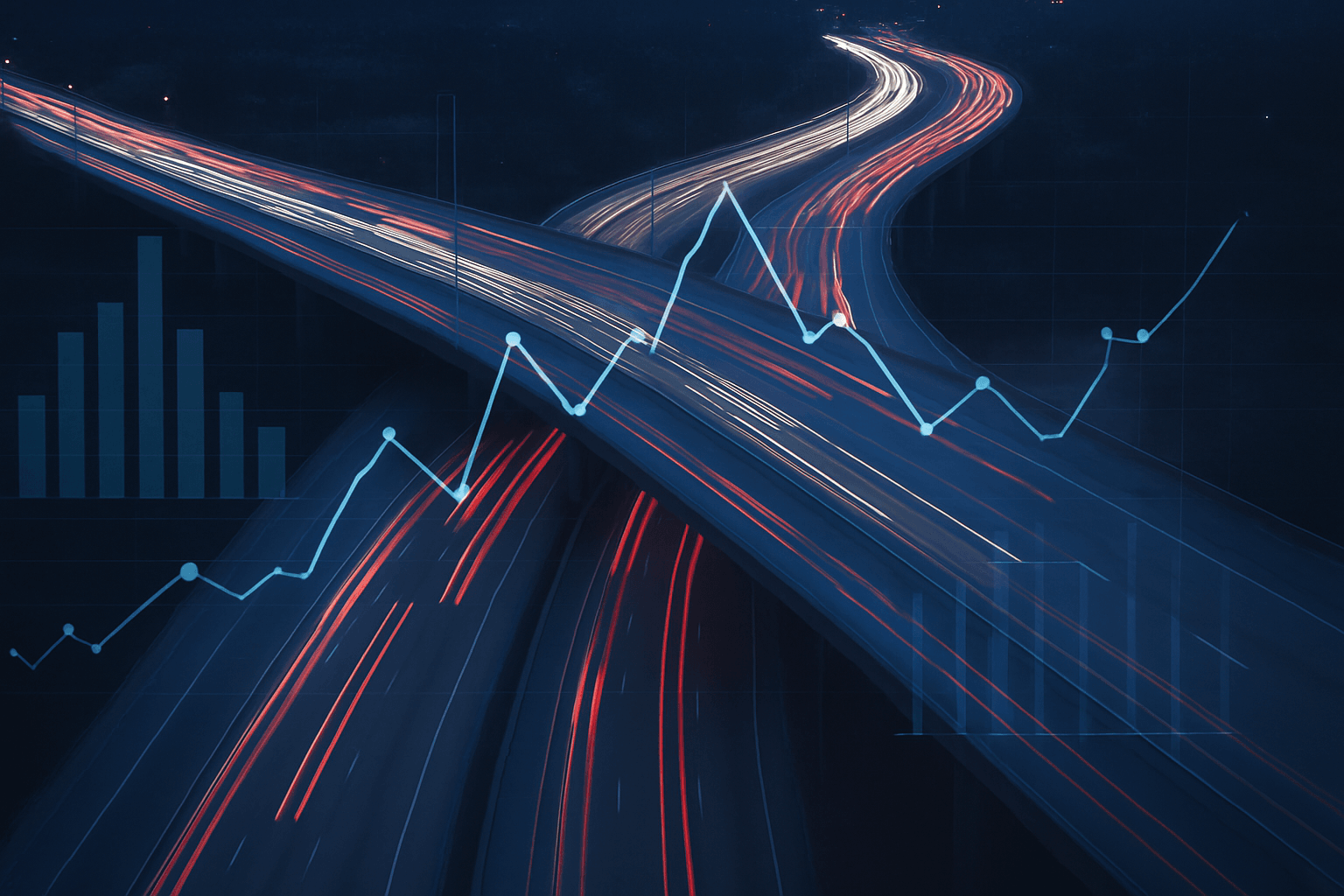 High-angle view of a highway intersection at dusk with glowing blue data charts overlaid, representing the analysis of 2025 car accident statistics