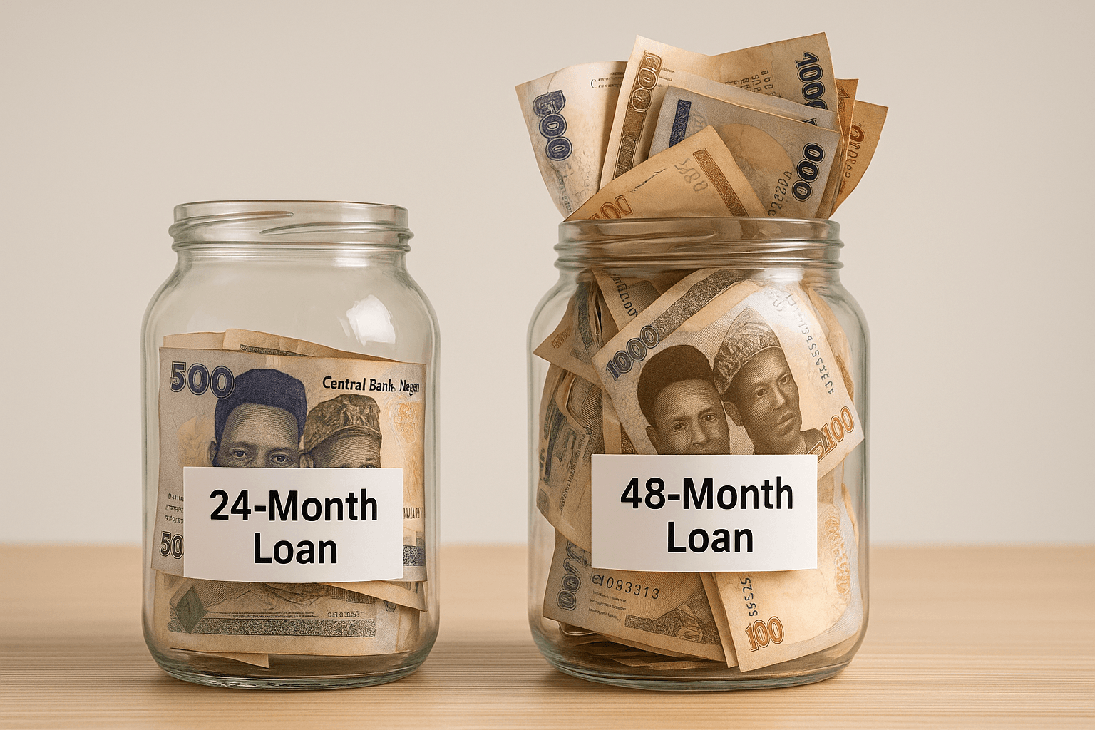 A visual comparison showing how a longer 48-month car loan results in paying significantly more in total interest (Naira) than a shorter 24-month loan