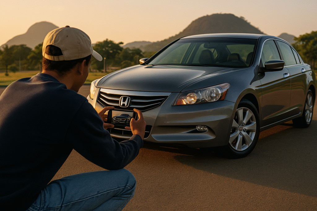 A car owner taking high-quality photos of their vehicle at a good angle, a key tip for creating an online advert to sell a car in Nigeria