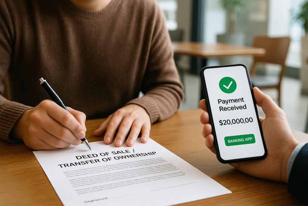 A secure car sale transaction in Nigeria showing the signing of a bill of sale and verification of a bank transfer payment