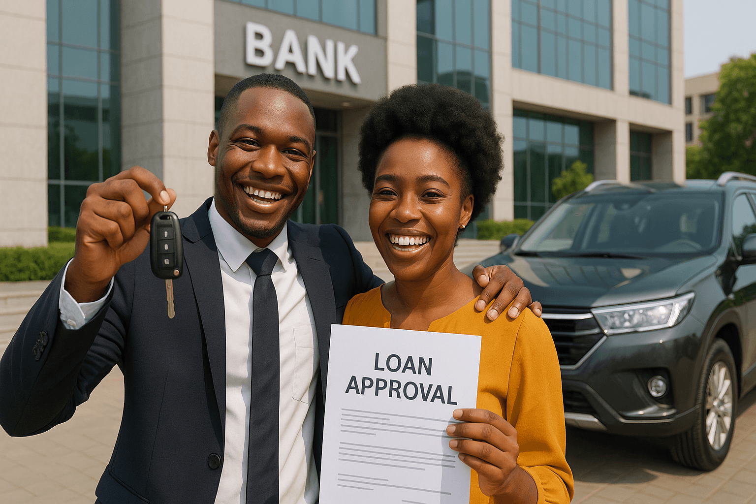 A happy couple celebrating after successfully getting a car loan in Nigeria, representing the first step in financing a dream car.