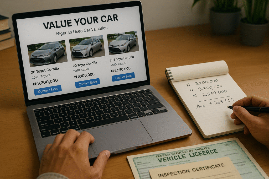 A person using a laptop to research and value their used car for sale by comparing prices on Nigerian auto websites.