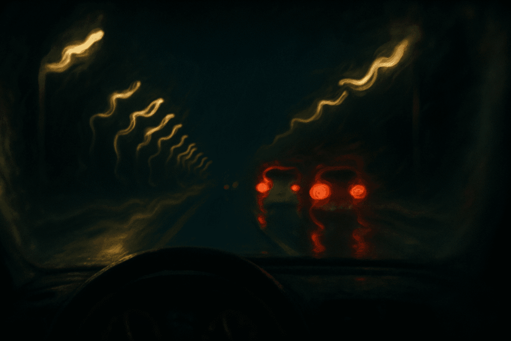 image from a driver's perspective showing a blurred and distorted view of the road at night, symbolizing the dangerous effects of impaired and distracted driving—a leading cause of traffic accidents.