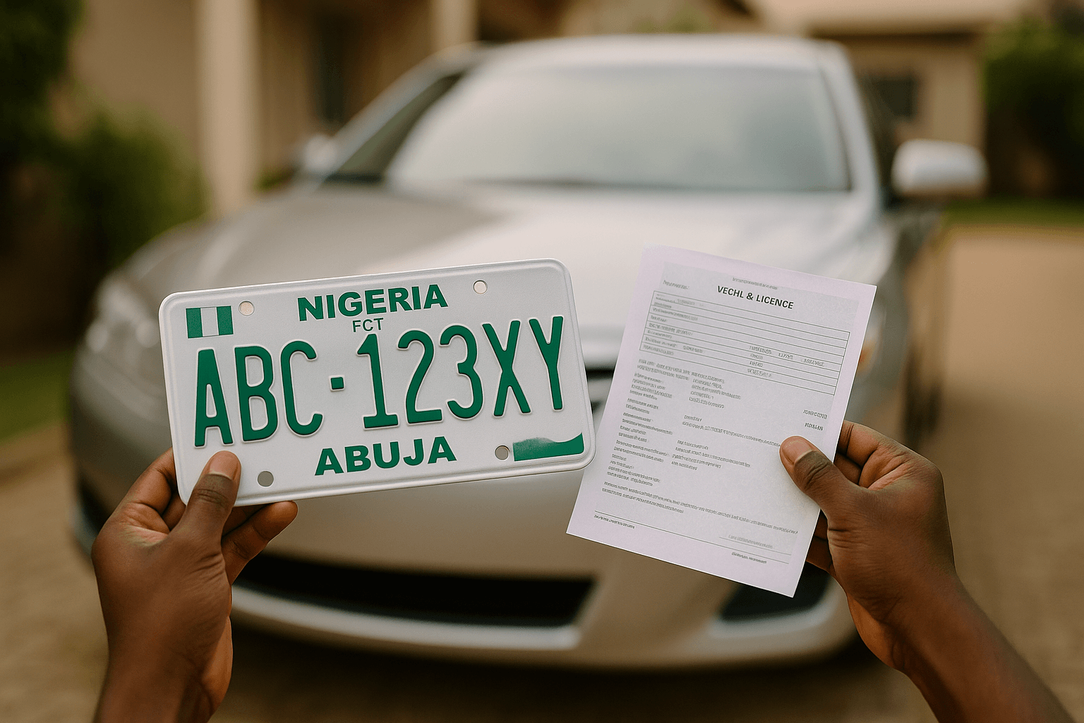 A car owner proudly holding their new plate number and documents after completing the vehicle registration process for a Tokunbo car in Abuja, Nigeria.