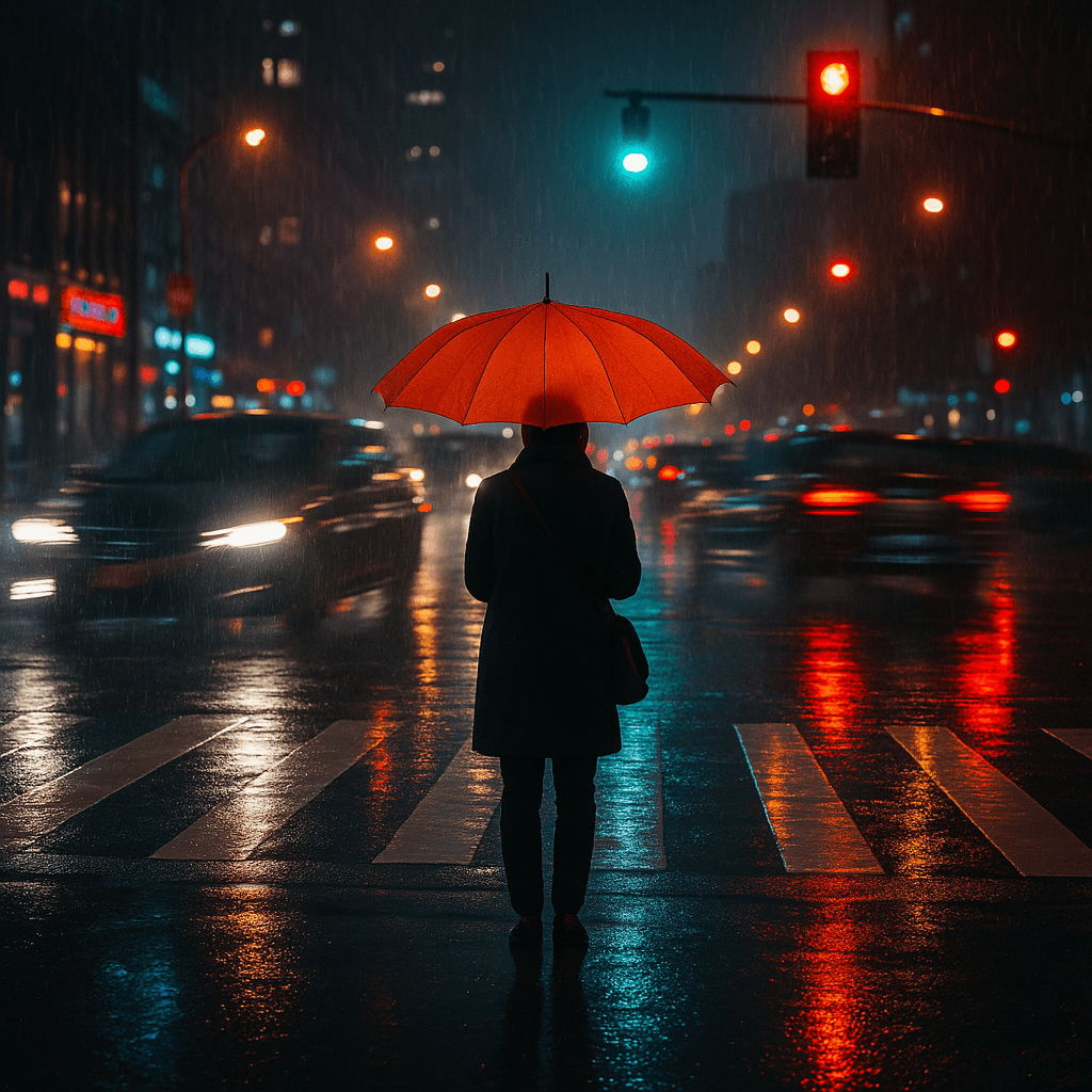 A person with an umbrella stands at a crosswalk at night, with blurred car headlights speeding by, illustrating the dangers faced by vulnerable road users as discussed in road safety statistics.