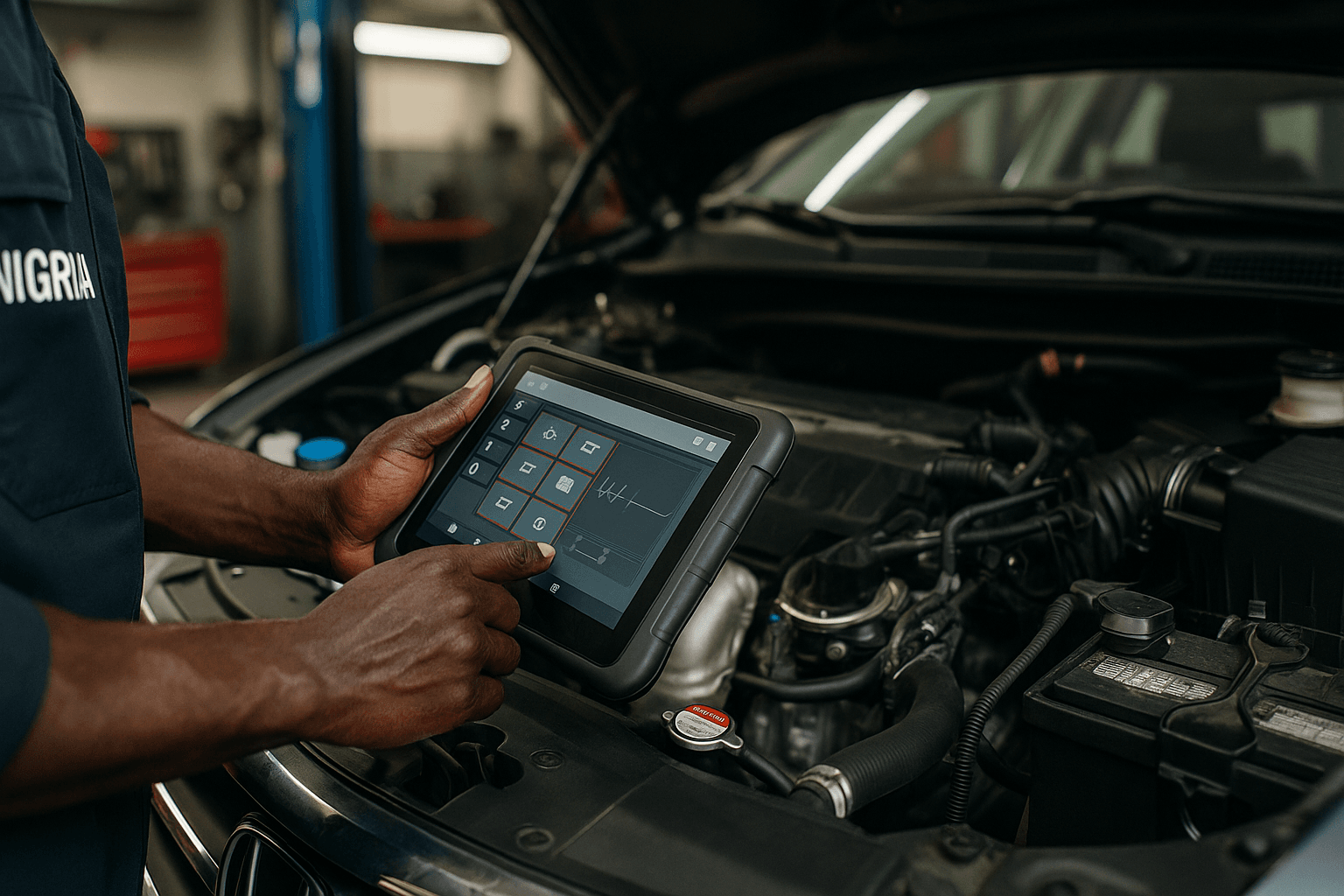 A professional car mechanic in Abuja uses a modern diagnostic tool on a Tokunbo car, representing a reliable and trustworthy auto workshop