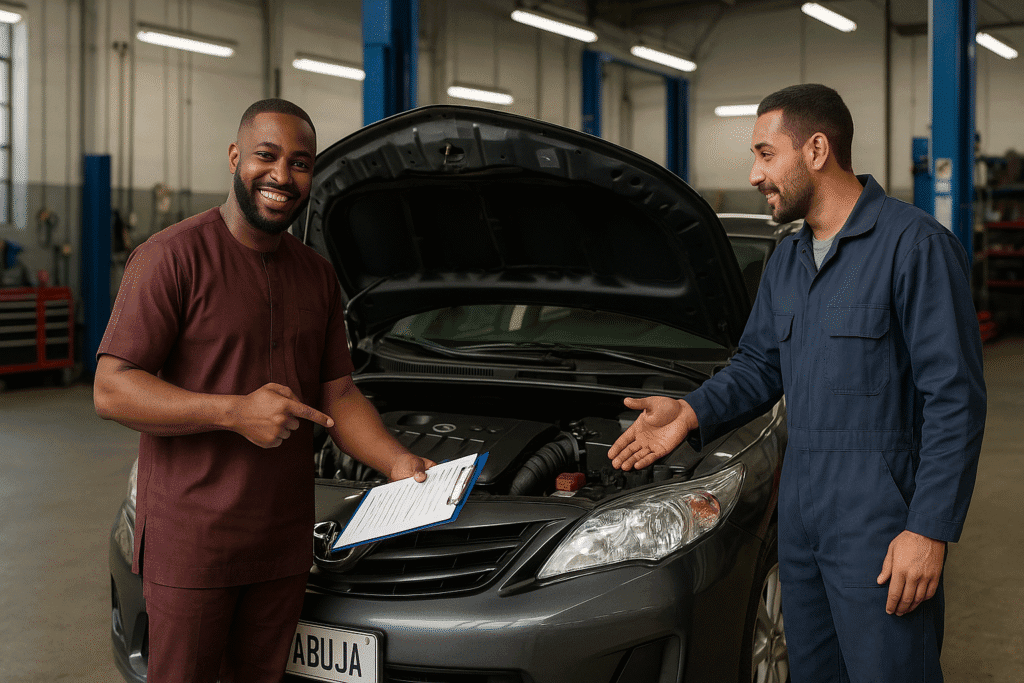 A Nigerian car owner discussing a Tokunbo car maintenance schedule with a reliable auto mechanic in Abuja, ensuring the vehicle's longevity