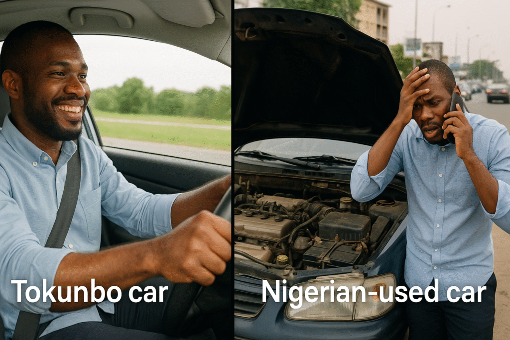 A comparison showing the reliable experience of a Tokunbo car versus the potential high maintenance cost and stress of a Nigerian-used car