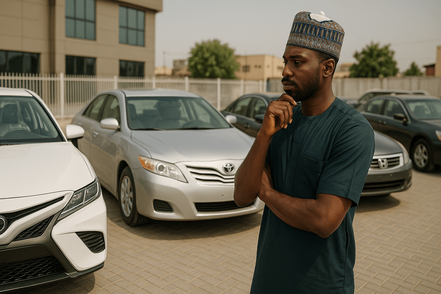 A Nigerian man deciding between a brand new car, a Tokunbo, and a Nigerian used car, illustrating the choice between car conditions