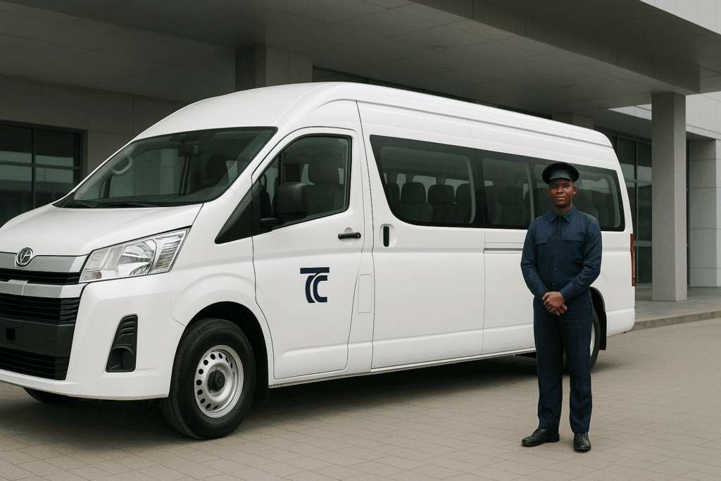 A clean Toyota Hiace bus, the backbone of Nigerian transport, ready for passengers, illustrating its use in a profitable transport business.