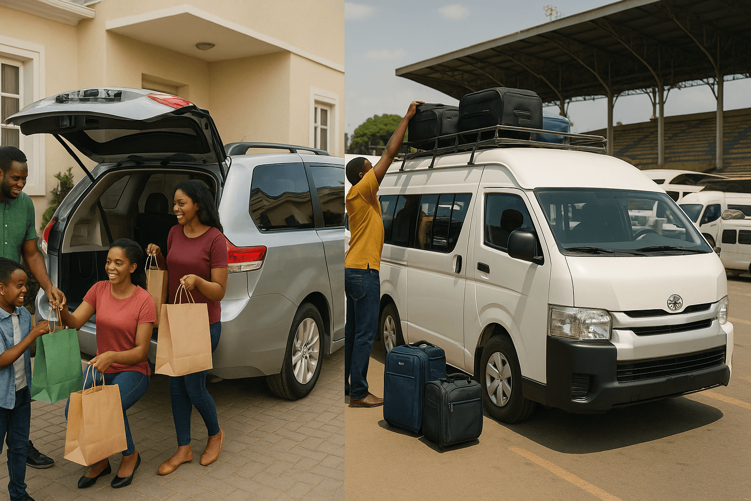 A comparison of a Toyota Sienna for family use and a Toyota Hiace bus for commercial transport, representing the top minivans for sale in Nigeria.