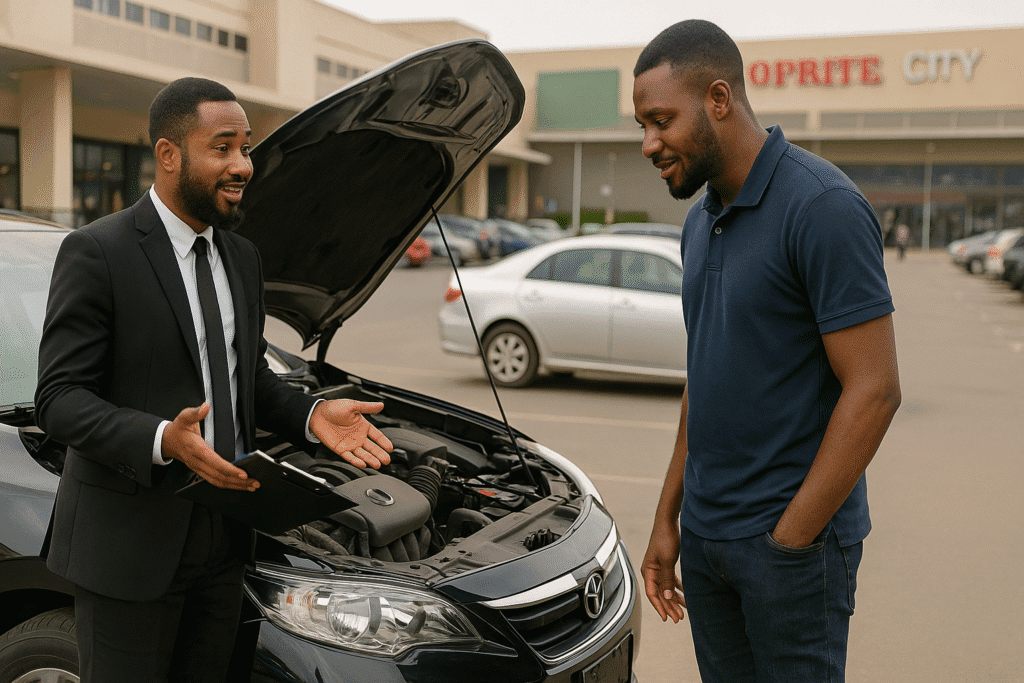 A car seller and buyer conducting a safe in-person viewing in a public place, a key safety tip after listing a car for sale online in Nigeria