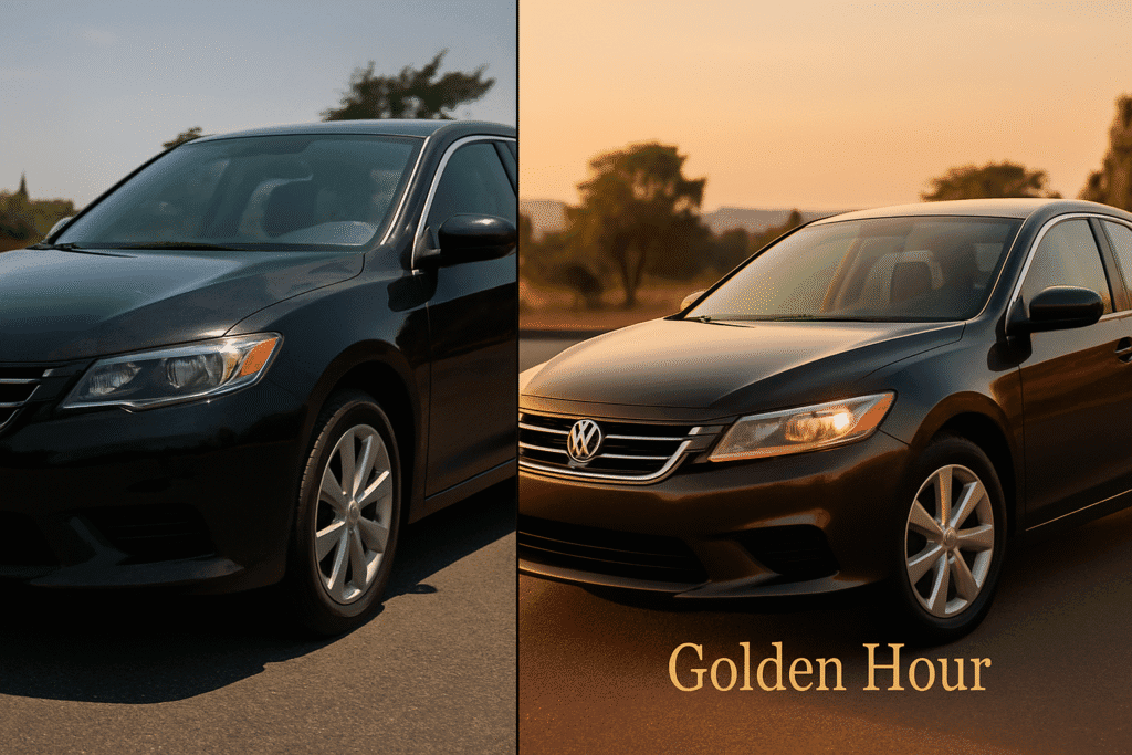 A comparison showing why the best time for car photography for sale is the 'golden hour' versus the harsh midday sun.