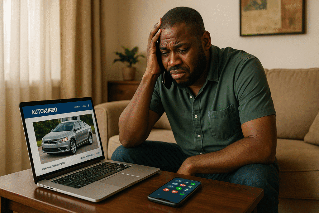 Illustrating the hassle factor of how to sell a car privately, showing a man overwhelmed with calls from time-wasters and non-serious buyers.