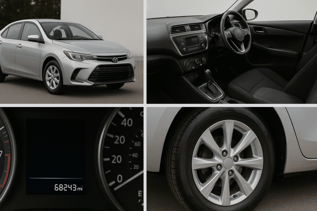 A collage of the essential pictures to take of a car for sale, including the exterior, interior, odometer, and tyres.