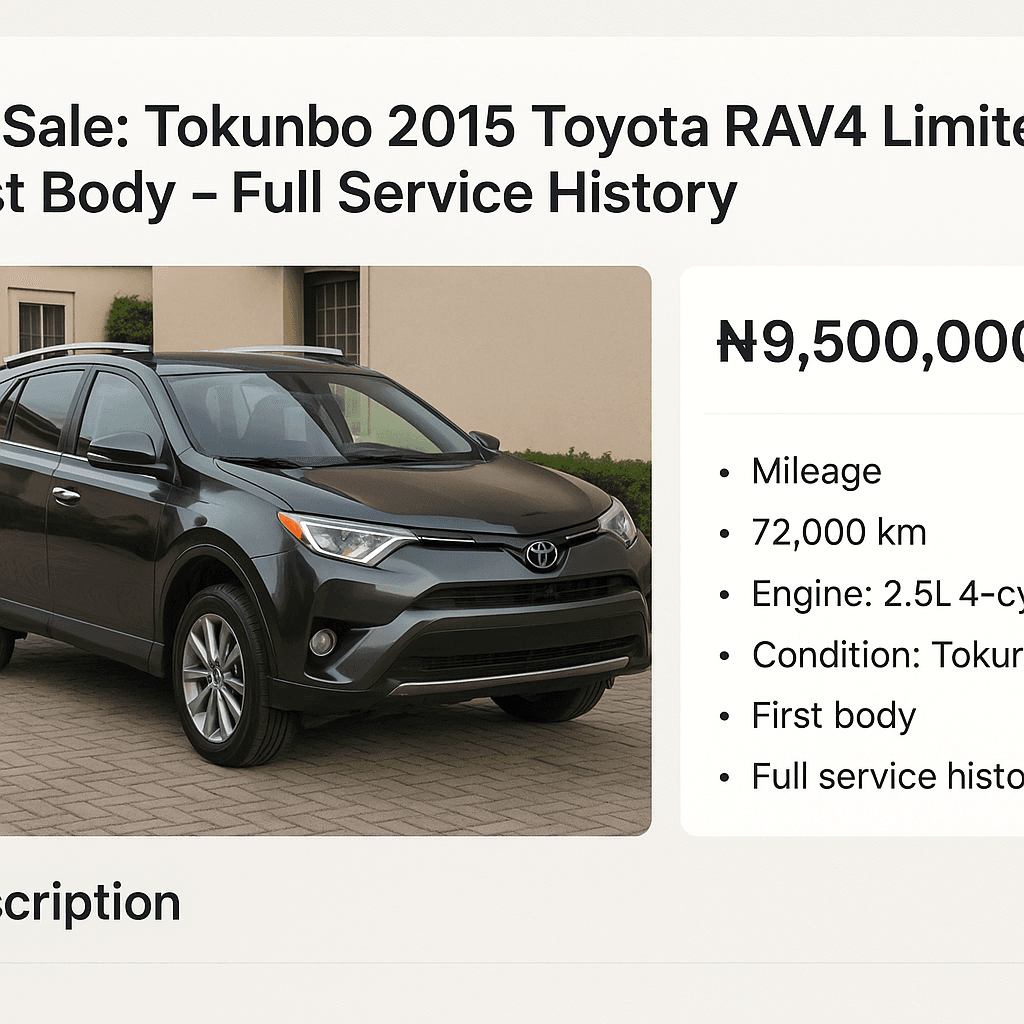 An example of how to write a perfect car advert with a clear title, price, and detailed description for selling a car on Jiji or other platforms
