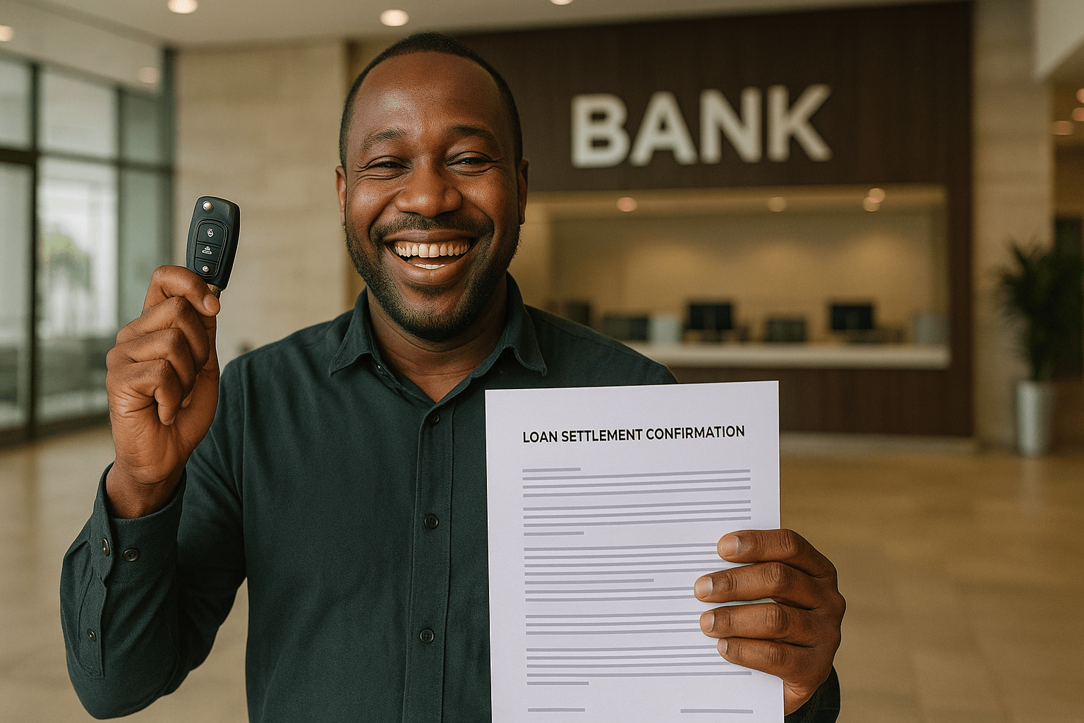 A relieved car owner holding a loan settlement letter, showing the successful outcome of legally selling a financed car in Nigeria.