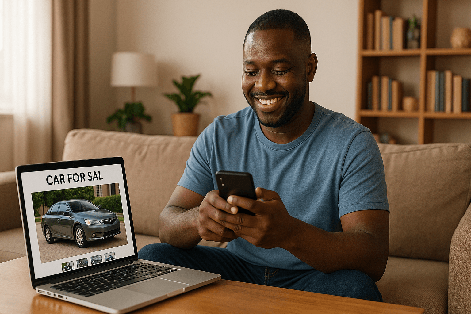 A man successfully listing his car on an online car sales website in Nigeria, demonstrating how to sell a car online from home