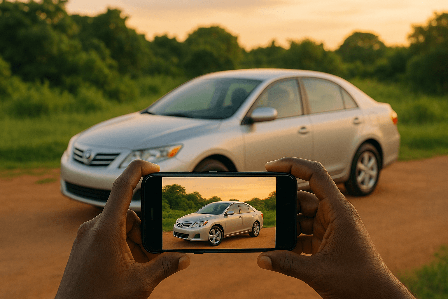 A person taking professional-quality photos of a car for sale in Nigeria using just a smartphone, demonstrating good car photography techniques.