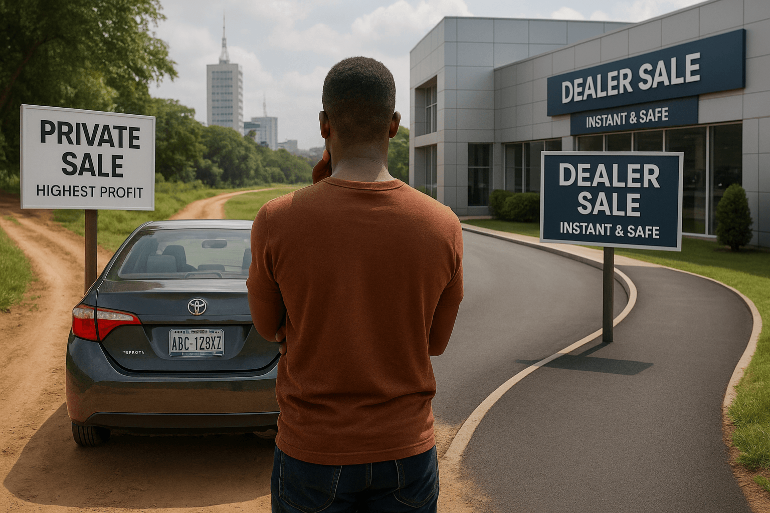 A car owner in Nigeria deciding whether to sell car privately vs to a dealer, representing the choice between maximum profit and maximum convenience
