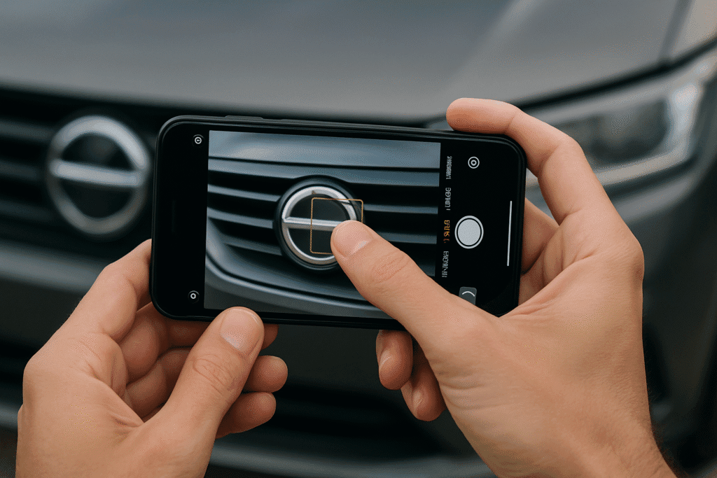 A close-up showing how to use the 'tap to focus' feature on a smartphone, a key tip for taking sharp pictures of a car for sale.