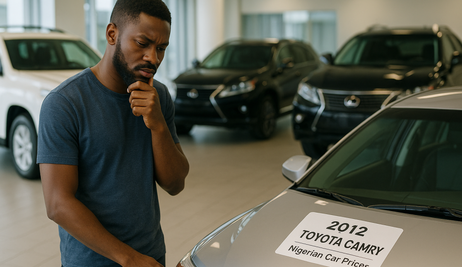 Nigerian man contemplating the high Tokunbo car prices in Nigeria while looking at a 2010 Toyota Camry in a dealership.