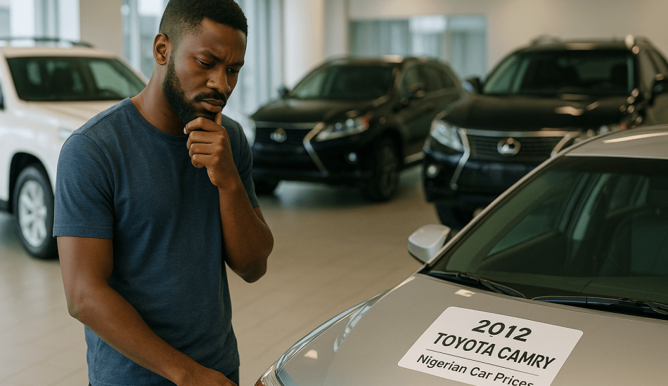Nigerian man contemplating the high Tokunbo car prices in Nigeria while looking at a 2010 Toyota Camry in a dealership.
