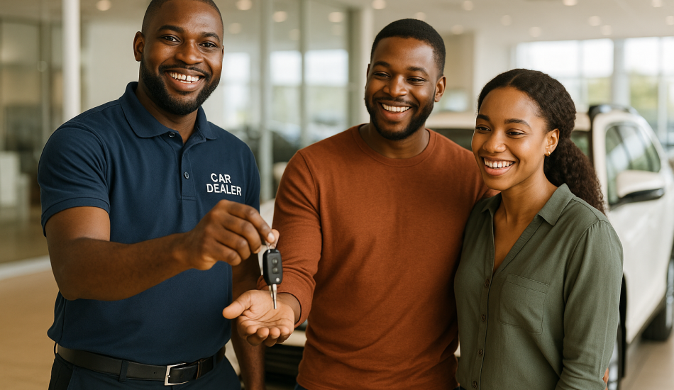 A happy couple receiving keys from a trusted car dealer in Abuja, highlighting the importance of choosing reputable Tokunbo car dealers in Nigeria.
