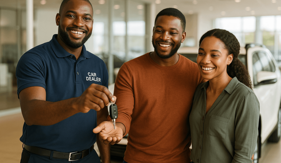 A happy couple receiving keys from a trusted car dealer in Abuja, highlighting the importance of choosing reputable Tokunbo car dealers in Nigeria.