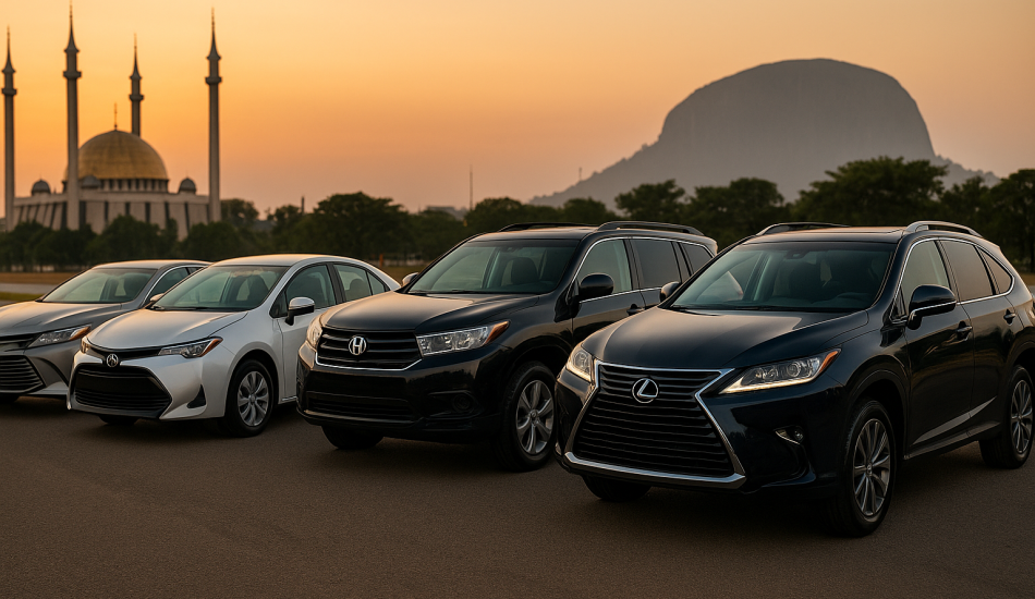 A lineup of the 5 most popular Tokunbo cars in Nigeria, including Toyota Camry and Highlander, parked with an iconic Abuja landmark in the background.
