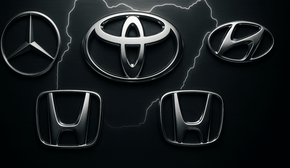 A collection of logos for the best car brands in Nigeria—Toyota, Honda, Lexus, Mercedes, and Hyundai—representing a comprehensive car comparison