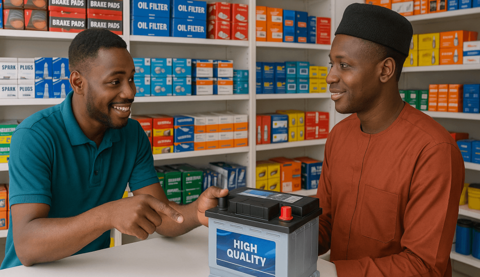 A professional auto parts store in Nigeria, showcasing a reliable place to buy original car parts, engine oil, and accessories