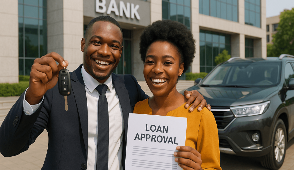 A happy couple celebrating after successfully getting a car loan in Nigeria, representing the first step in financing a dream car.