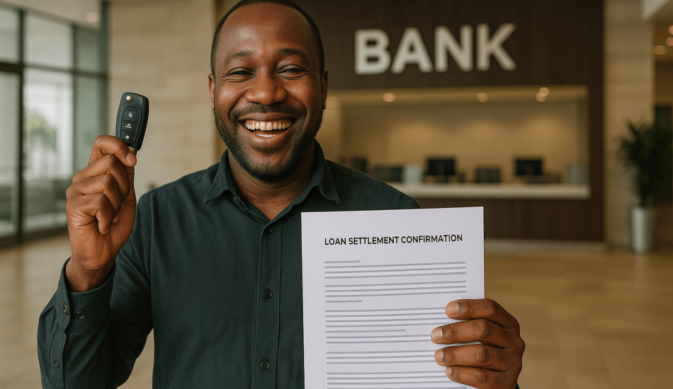 A relieved car owner holding a loan settlement letter, showing the successful outcome of legally selling a financed car in Nigeria.