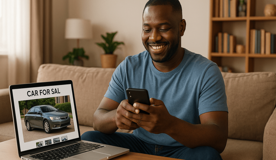 A man successfully listing his car on an online car sales website in Nigeria, demonstrating how to sell a car online from home